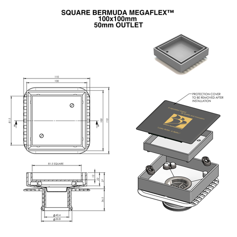 Square Bermuda Megaflex™ 100x100mm Floor Waste