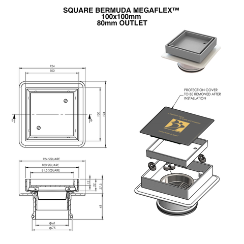 Square Bermuda Megaflex™ 100x100mm Floor Waste
