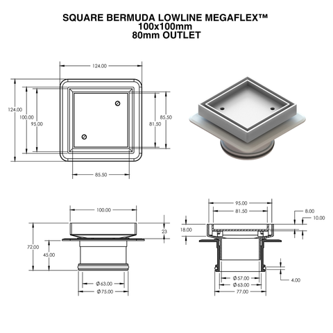 Square Bermuda Lowline Megaflex™ Floor Waste – 100x100mm