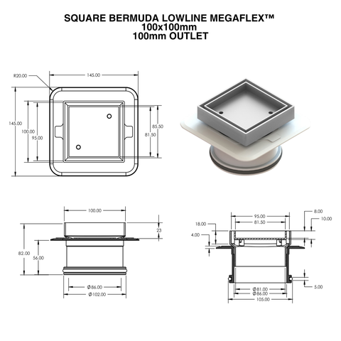 Square Bermuda Lowline Megaflex™ Floor Waste – 100x100mm