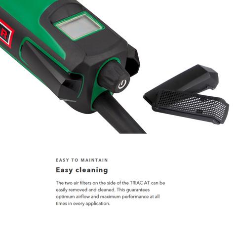 Green TRIAC shop vacuum with LCD display, power switch, removable easy-clean dual mesh filters & cord for max airflow