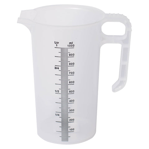 Clear 5L plastic measuring jug with bold L/ml graduations and glove-grip handle for precise sealant, additive dosing.