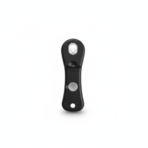 Black fingerprint key fob with biometric scanner, buttons, and keyring hole for secure smart access