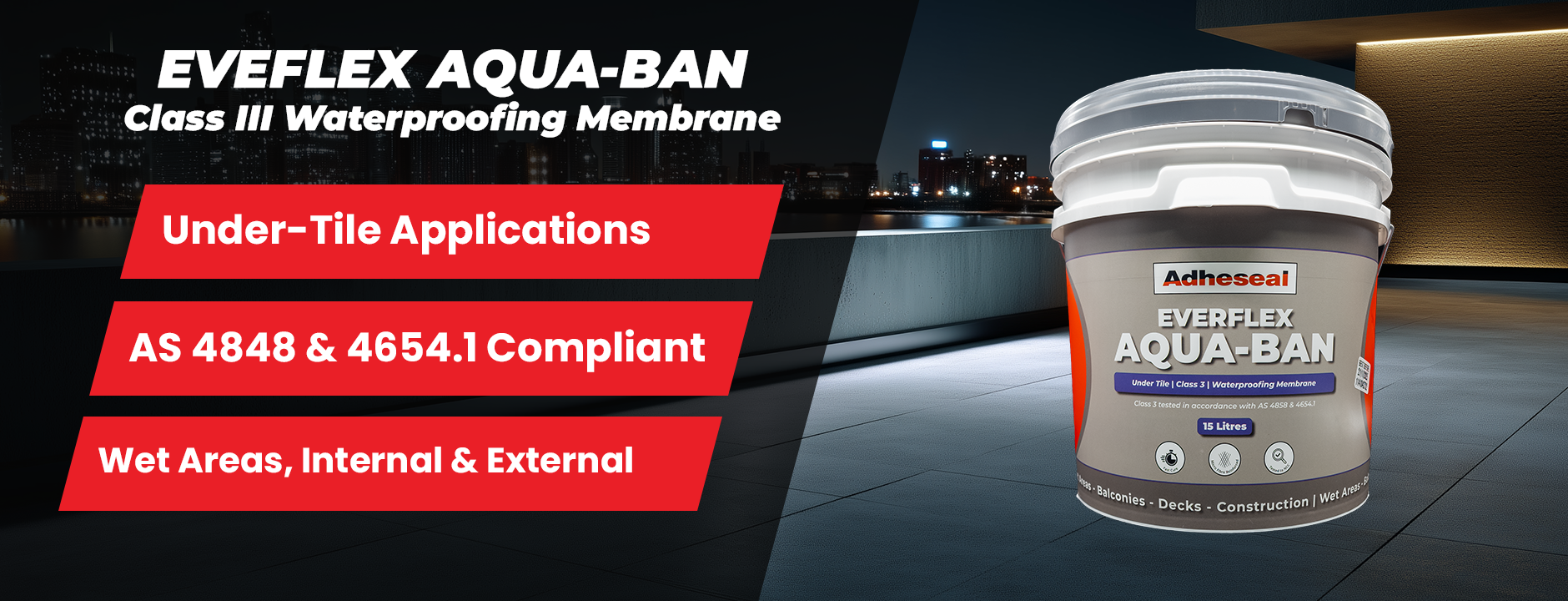 Everflex Aqua-Ban waterproofing membrane with product details on a dark background