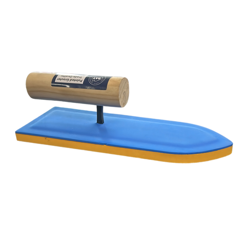 Golden blue foam plastering trowel with orange edge and ergonomic wooden handle