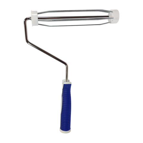 Professional paint roller with blue ergonomic grip handle, white roller cover, and durable metal cage frame for smooth app...