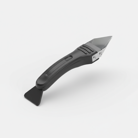Ergonomic ice scraper with stainless steel blade & rubber squeegee, black grip handle for car windshields