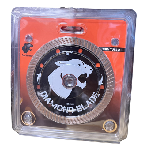 Panther 5" (125mm) Thin Turbo Diamond Blade in orange blister pack with roaring panther logo