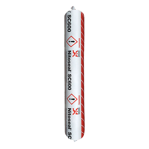 Nitoseal SC6000 sealant sausage tube, white with red stripes, hazard labels, professional hybrid polymer caulk
