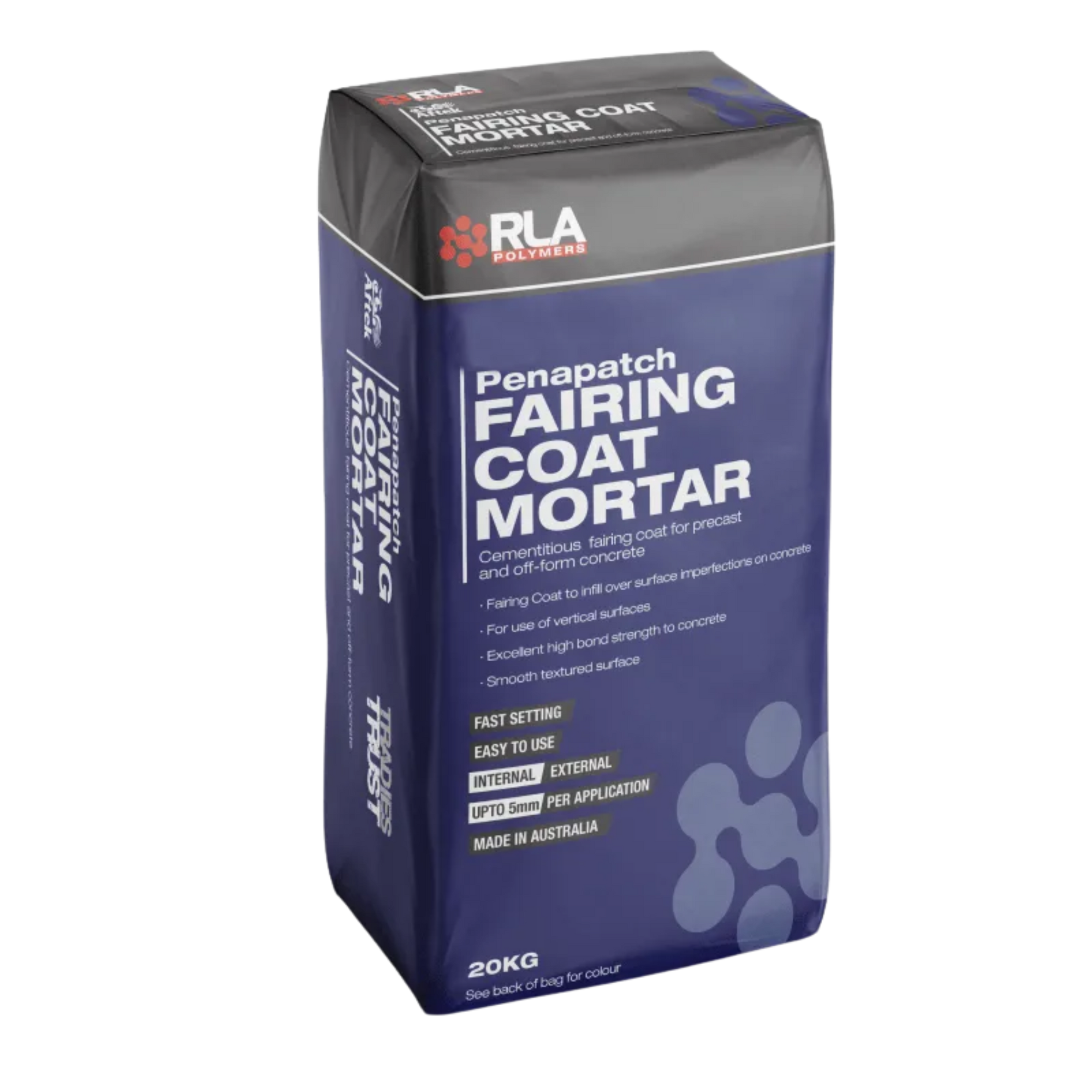 RLA Penapatch Fairing Coat Mortar 20kg bag, fast-setting for concrete surface repairs, internal/external use, made in Aust...