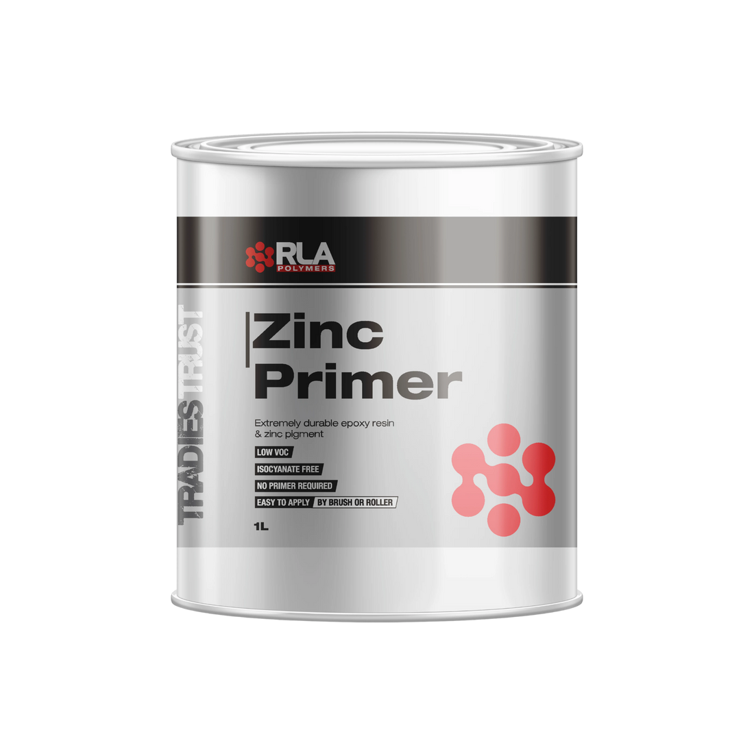 A 1L can of RLA Polymers Trades Trust Zinc Primer, featuring a metallic silver can with a dark gray and white label and red accents.