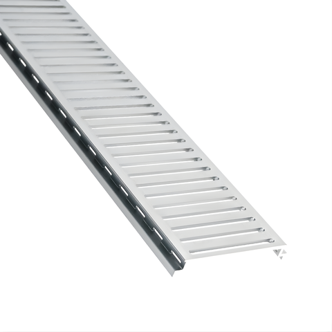 Silver slatted metal grille panel with reinforced edges and ventilation bars, durable aluminum grating for industrial use.