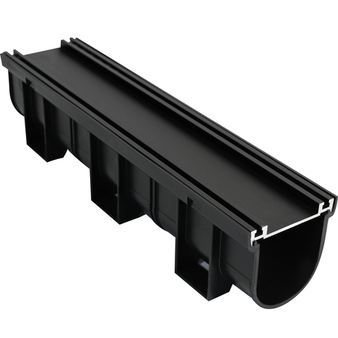 Black polymer trench drain channel with galvanized steel edge rails and support brackets for effective drainage.