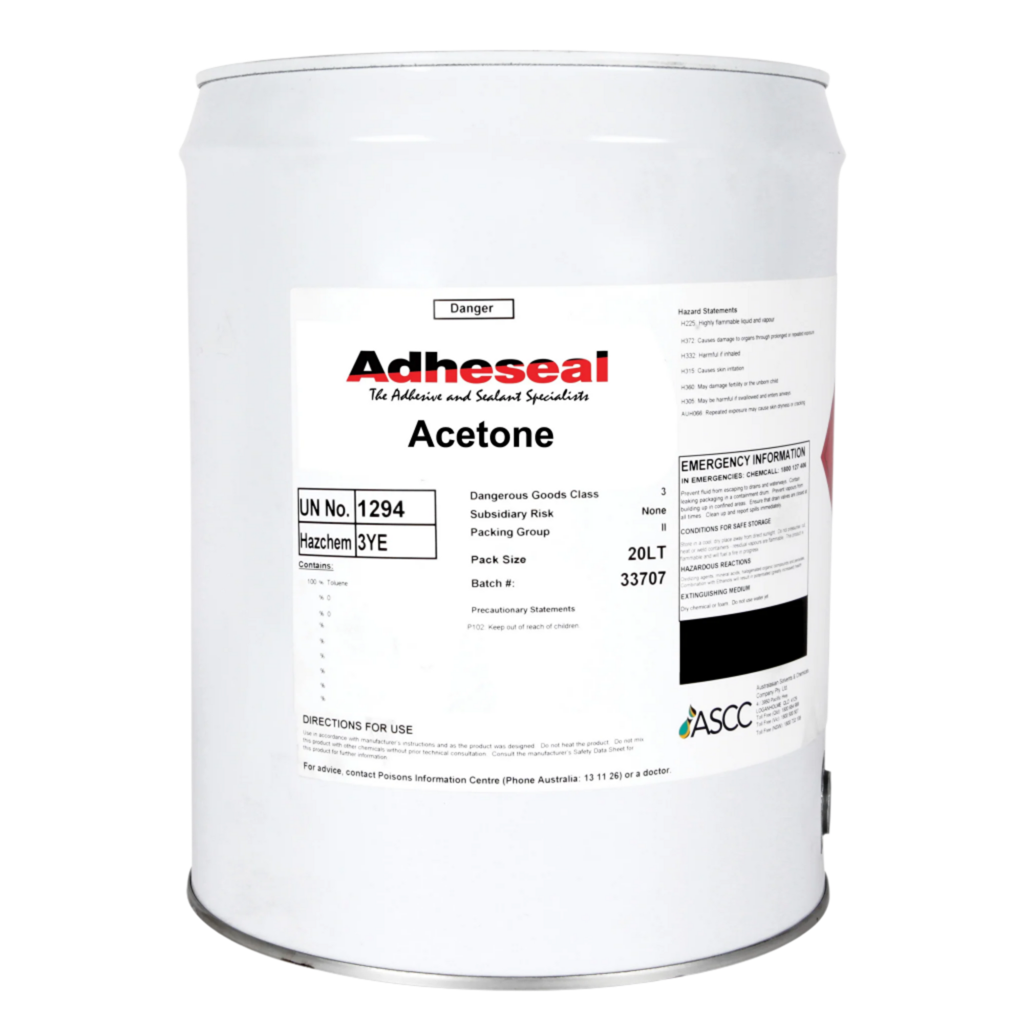 Adheseal 20L Acetone drum: fast-drying solvent cleans epoxy tools, dissolves adhesives, thins resins for fibreglass & cons...