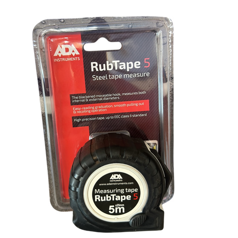 ADA RubTape 5m steel measuring tape in ribbed shockproof rubber casing for precise, secure trade measurements.