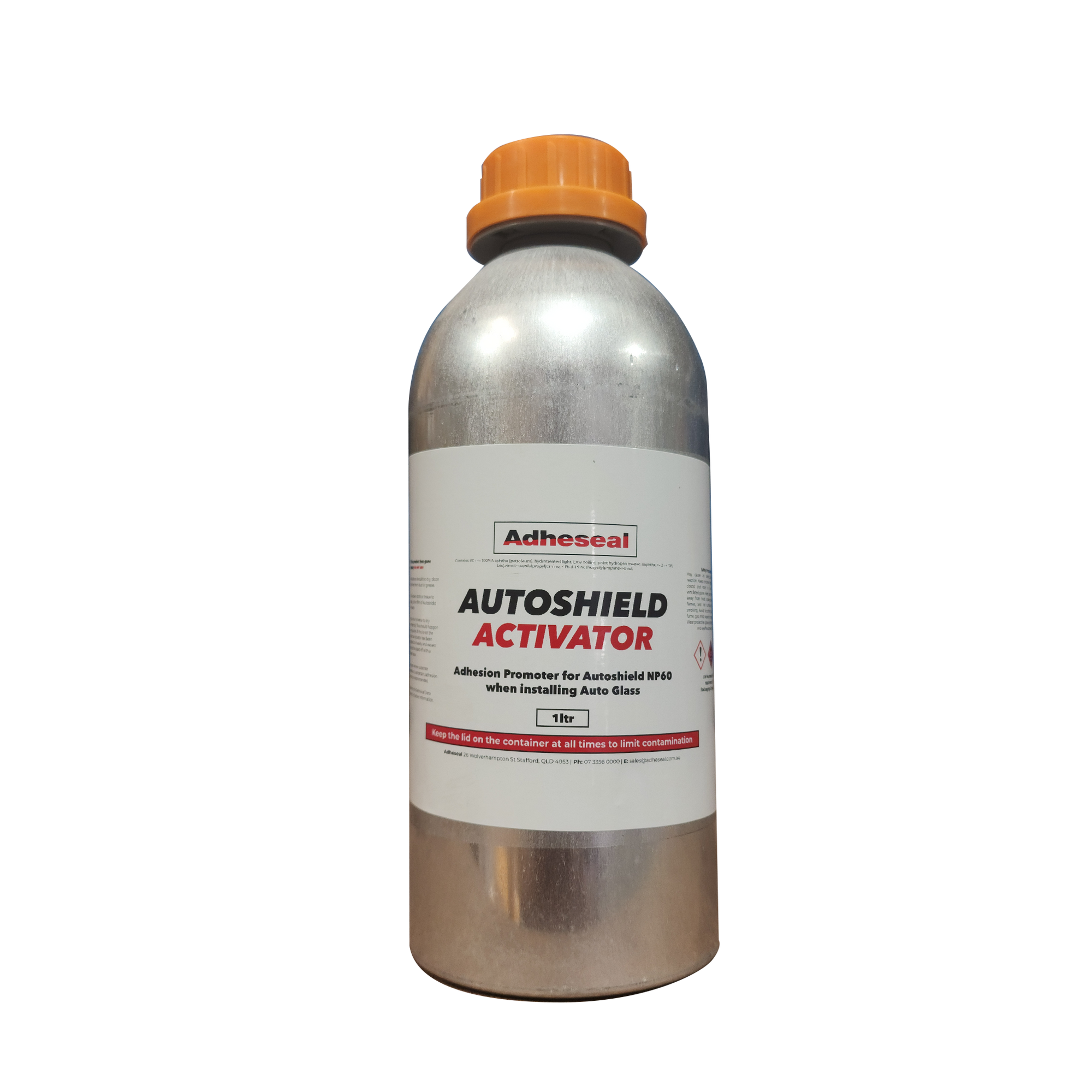 Adheseal Autoshield Activator silver canister orange cap: clear autoglass primer promotes secure PU bonding to glass & lac...