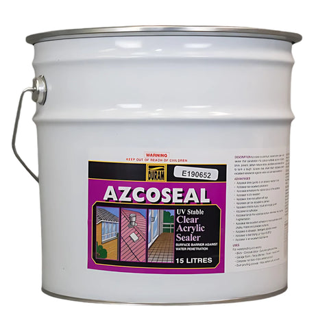 Duram Azcoseal 15L drum, clear acrylic sealer. Primes porous masonry for waterproofing membranes, creates resilient barrier.