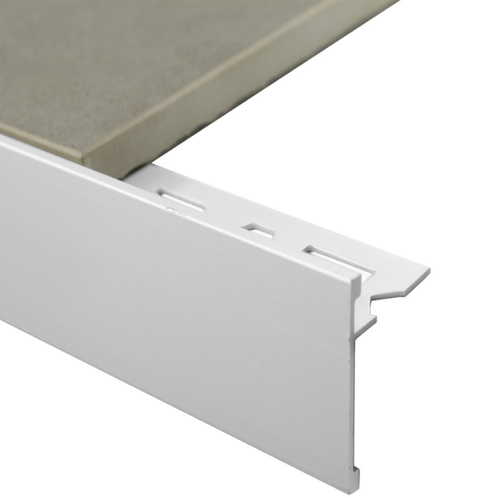 B.A.T Double Sided Aluminium Angle in a tiling edge detail, representative profile from manufacturer catalogue; selected Matt Silver sizes vary