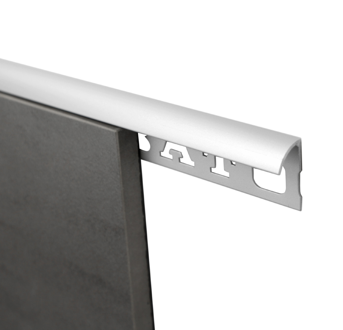 B.A.T Half Round Aluminium Trim used on a tiled edge, representative profile; available finishes include Bright Silver and Matt Silver