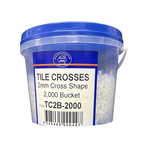 Blue bucket of BAT Trims 2mm Tile Crosses (2000pcs) for even grout spacing on straight/diagonal wall tiles