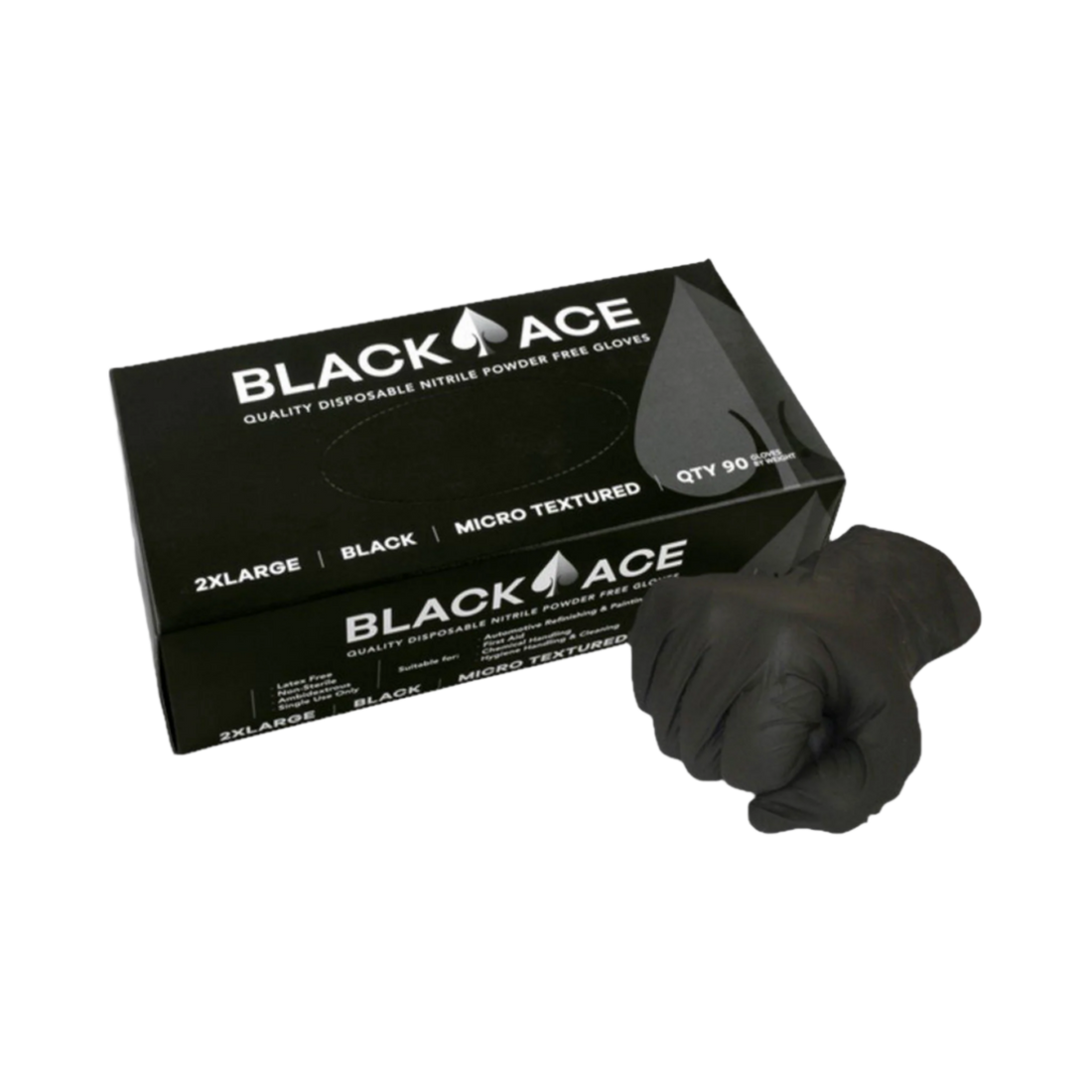Black Ace 2XL powder-free nitrile gloves box, micro-textured for grip, puncture/chemical resistant hand protection in trades.