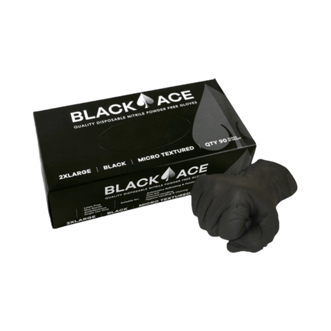 Black Ace 2XL powder-free nitrile gloves box, micro-textured for grip, puncture/chemical resistant hand protection in trades.
