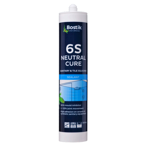 Bostik 6S neutral cure silicone sealant cartridge: mould-resistant, ±25% joint movement for sanitary tile joint sealing.