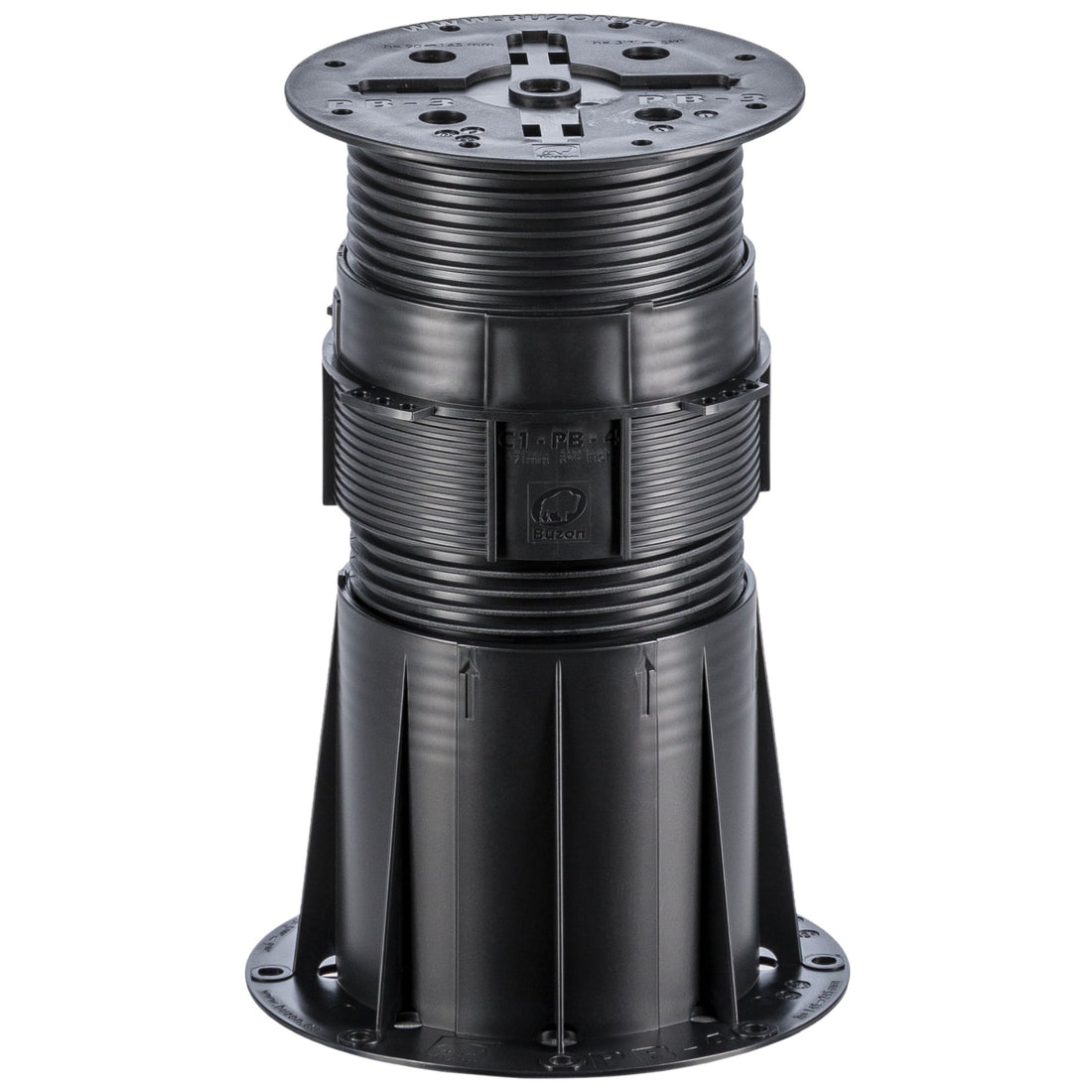 Black adjustable plastic deck pedestal with ribbed column, square base, and height adjustment top for outdoor flooring.