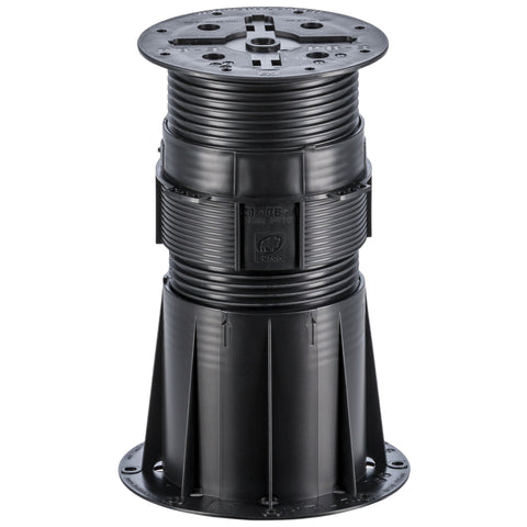 Black adjustable plastic deck pedestal with ribbed column, square base, and height adjustment top for outdoor flooring.