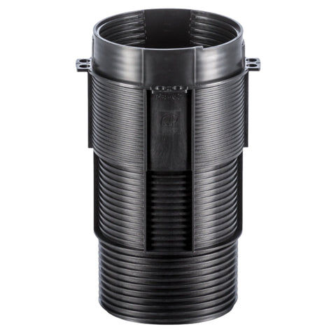 Black corrugated HDPE pipe coupler with side grips, ADS brand, split design for easy drainage pipe connection