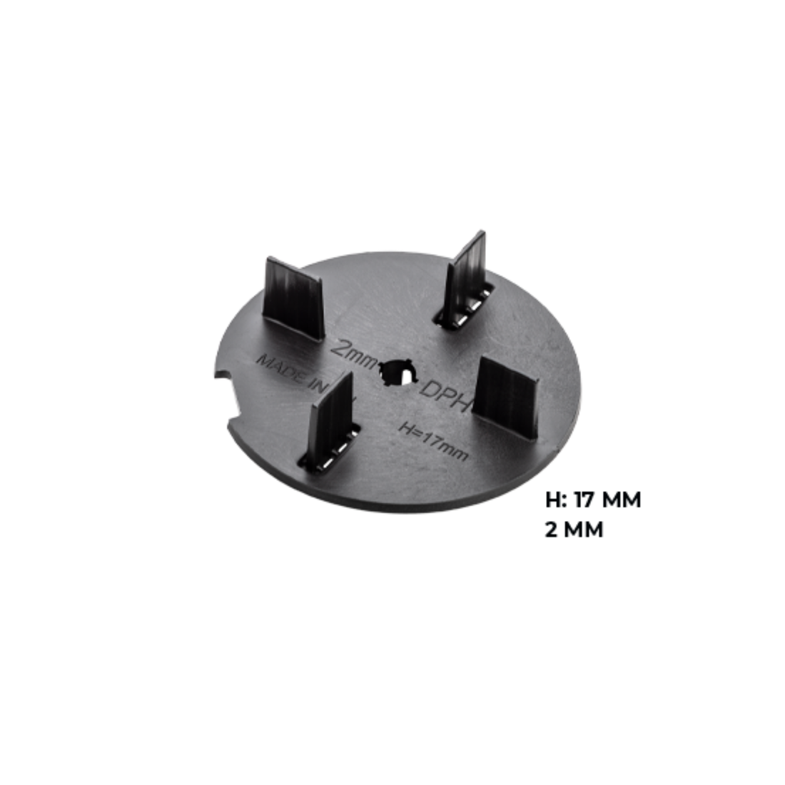 Buzon 2mm Spacer Tabs: clip-on circular plastic with radial slots for precise paver gaps, drainage & alignment on pedestals.