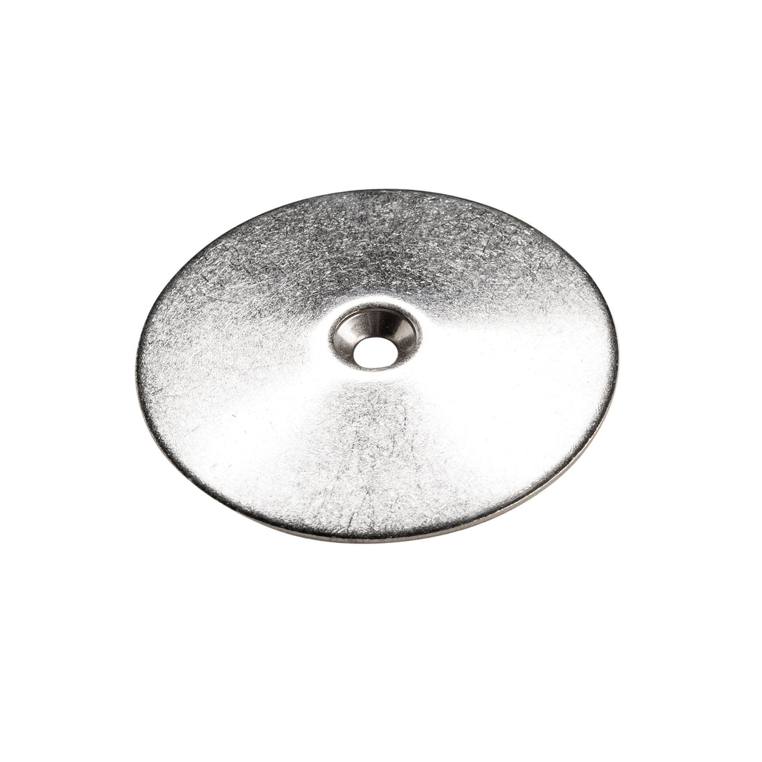 Silver metal flat washer with central hole, durable round hardware fastener for bolts