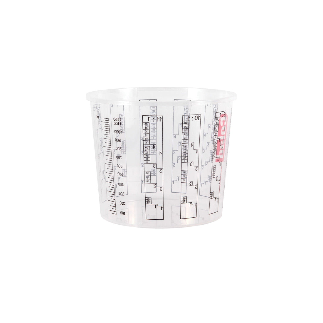 Clear 1.3L disposable measuring tub with ml/litre scales & ratio grids for precise epoxy, sealant mixing & pouring