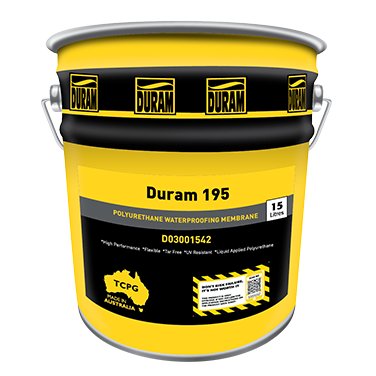 Duram 195 15L pail of polyurethane waterproofing membrane for leak-proof roofs, decks, balconies.
