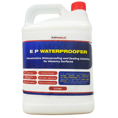 Adheseal EP Waterproofer 5L container. Penetrative waterproofing sealer for masonry, concrete, and brick substrates.