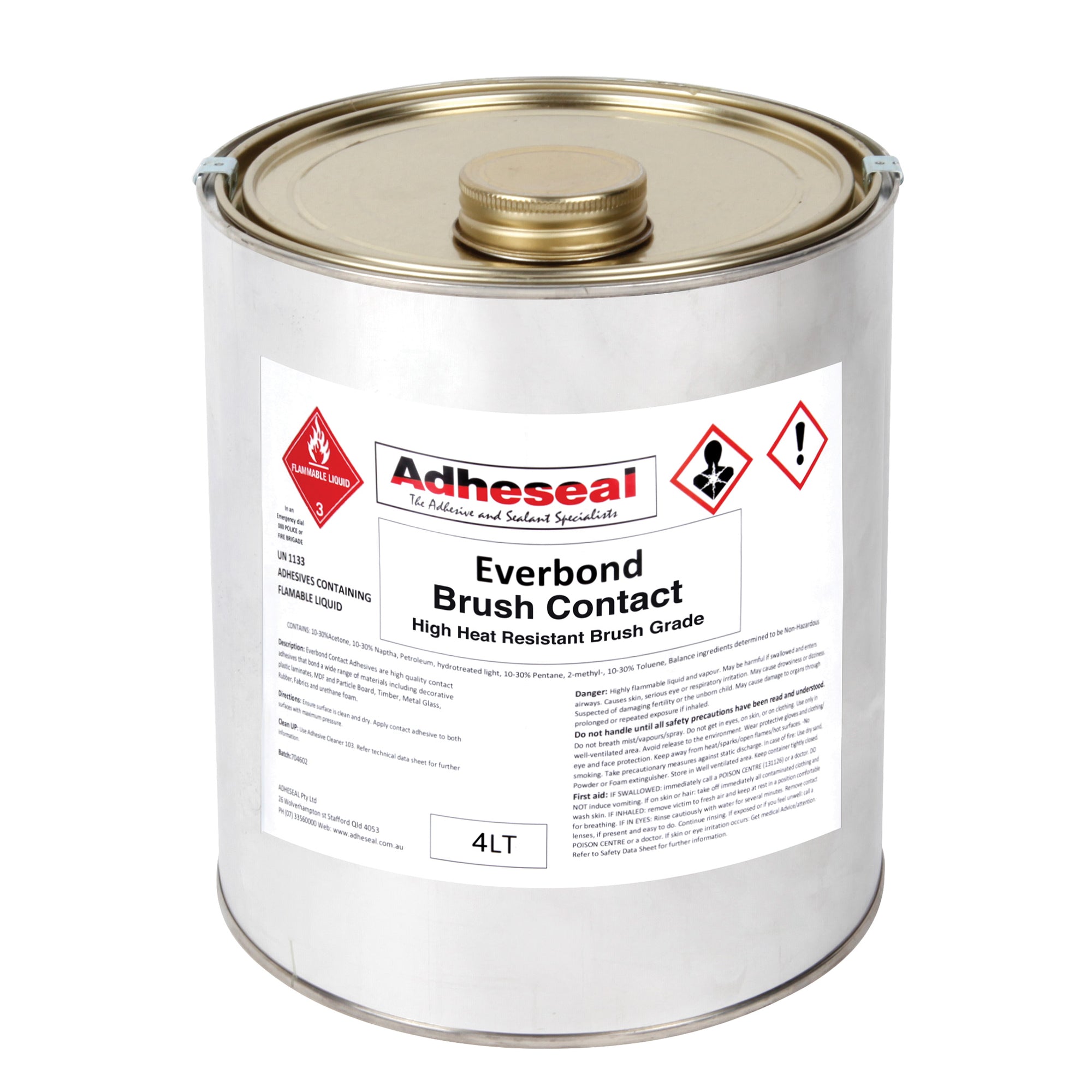 4L Adheseal Everbond Brush Contact tin: brushable polychloroprene adhesive for fast-drying, high-strength bonds on foams, ...