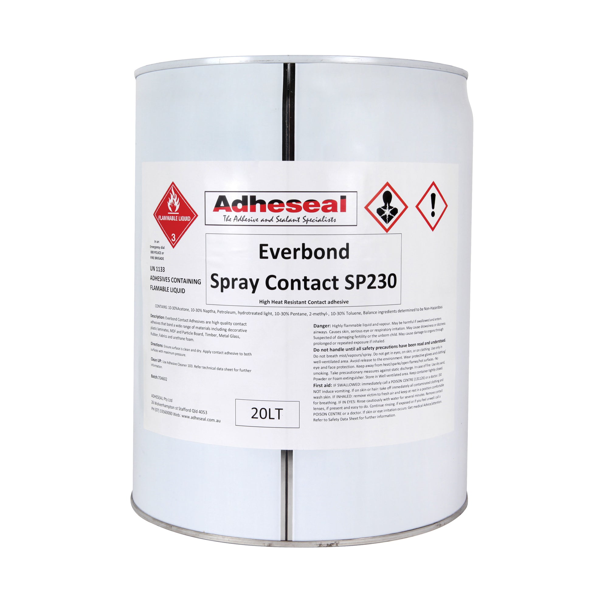 Adheseal Everbond SP-230 20L spray contact adhesive pail for fast-drying, heat-resistant bonding of foam, laminate, vinyl,...
