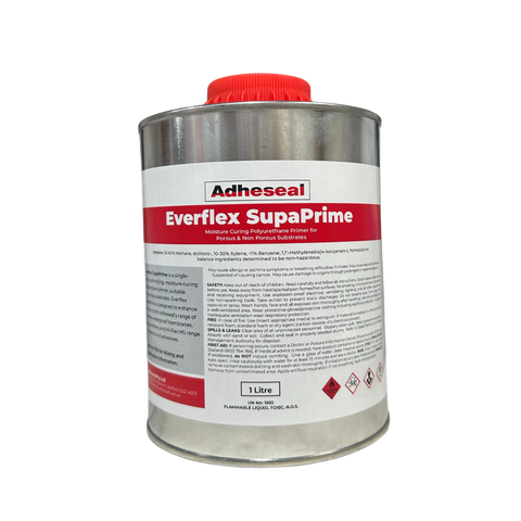 Adheseal Everflex Supaprime 1L tin, moisture-curing PU primer for secure bond of waterproofing membranes & PU sealants.