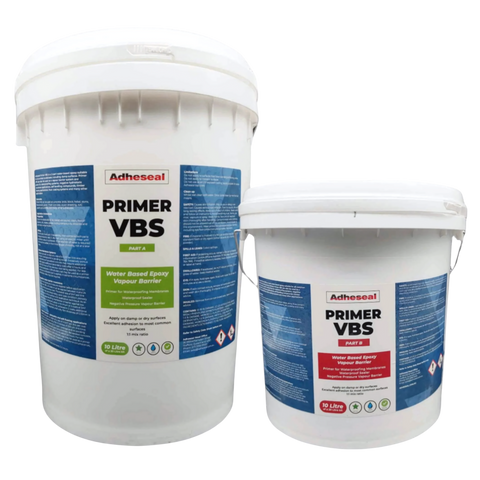 Adheseal Primer VBS two-part water-based epoxy pails: Part A (blue) & Part B (white) – seals concrete vapour barrier, prev...