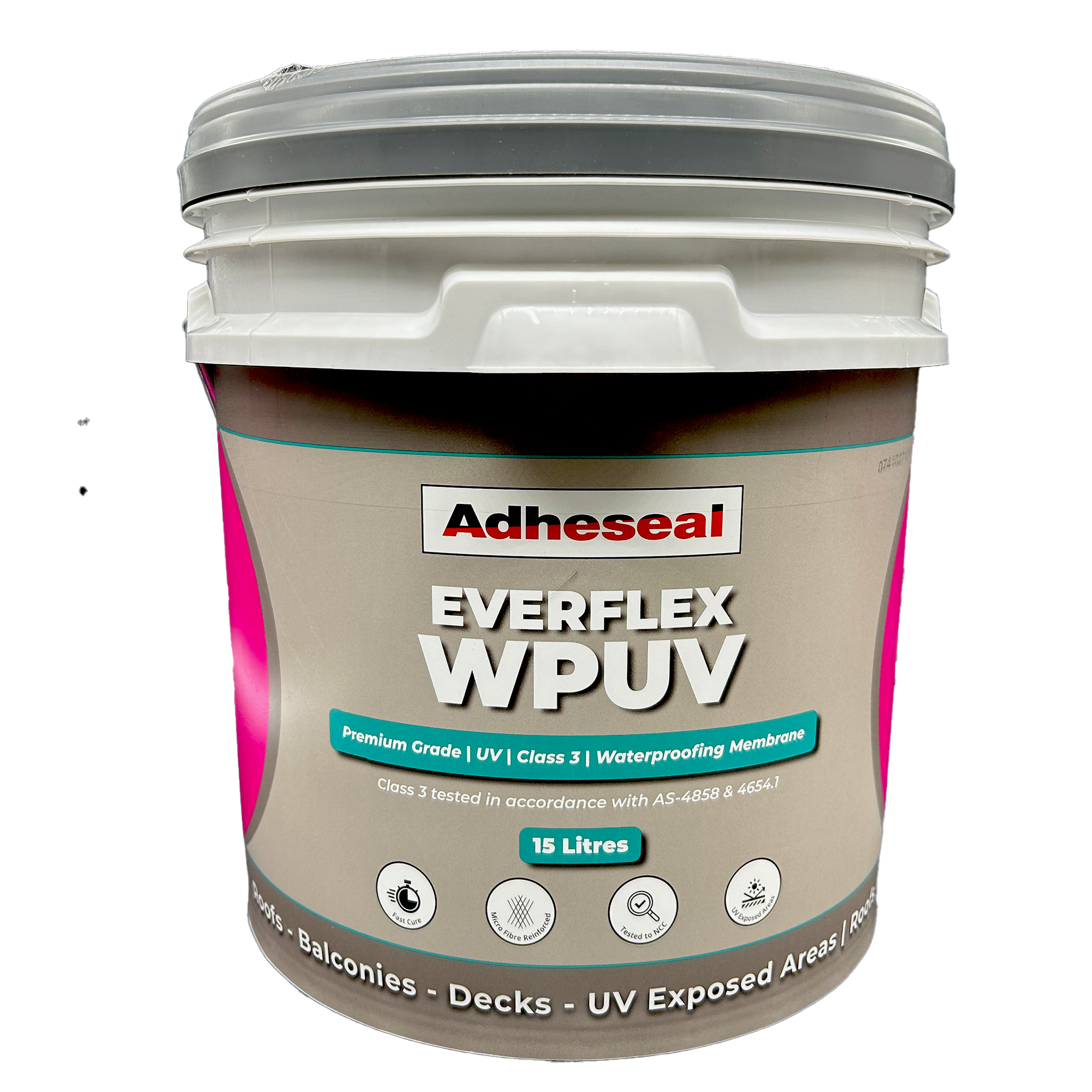 Adheseal Everflex WPUV 15L pail: water-based polyurethane waterproofing membrane, Class 3 UV stable for balconies, decks, ...