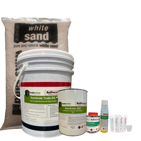 EverKrete Concrete Repair System Trade Kit: 102 bucket, primer, catalyst, sand for rapid vertical/overhead patching.