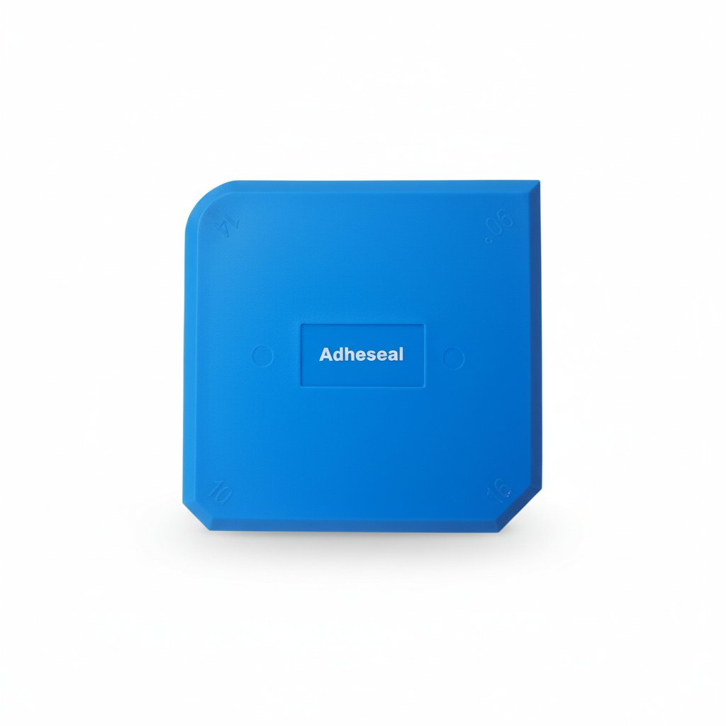 Blue Adheseal notched trowel for silicone sealant, square ergonomic tool with rounded corners