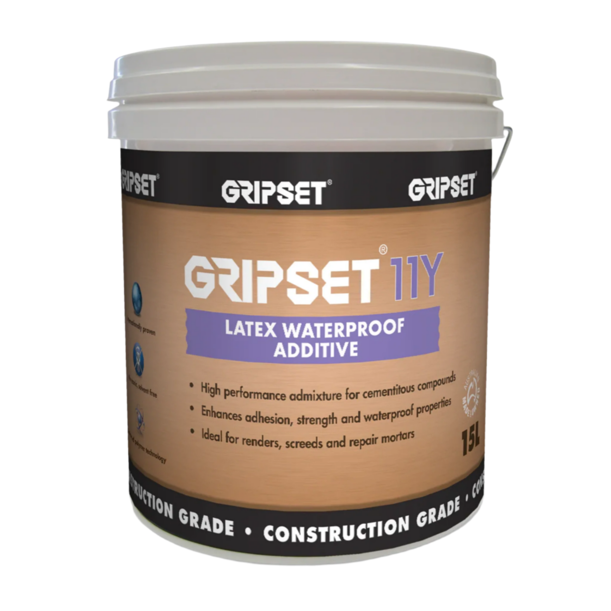 Gripset 11Y 15L SBR latex pail boosts adhesion, strength & waterproofing in cement screeds, renders for wet areas.
