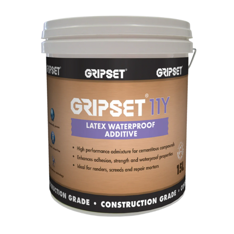 Gripset 11Y 15L SBR latex pail boosts adhesion, strength & waterproofing in cement screeds, renders for wet areas.
