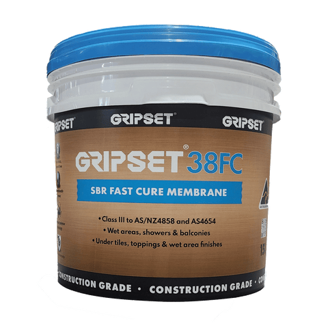 18L Gripset 38FC SBR fast-cure waterproofing membrane for wet areas, showers & balconies under toppings, AS 4858 compliant.