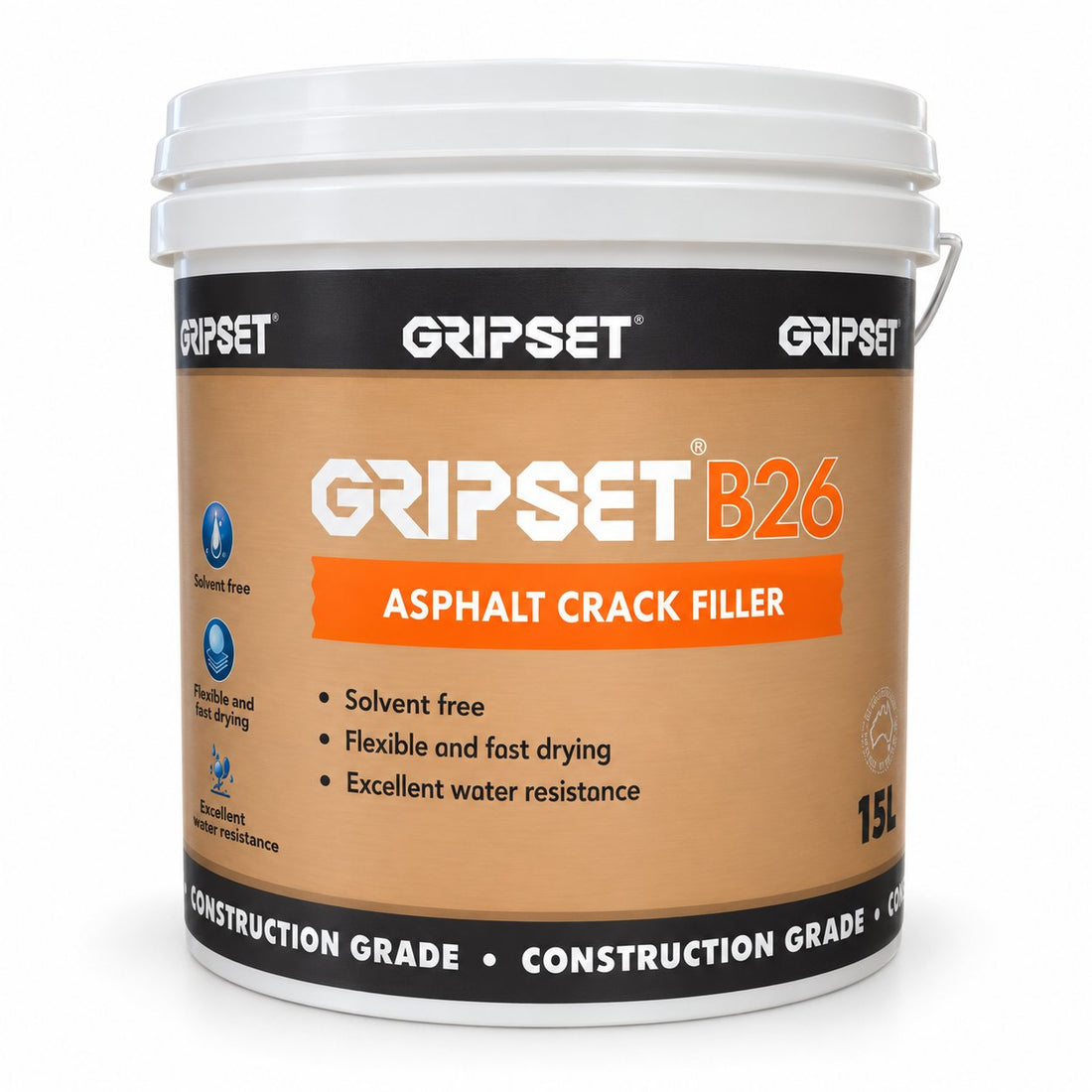 Gripset B26 asphalt crack filler for waterproofing and repairing cracks in concrete and asphalt surfaces, shown on a clean white background.