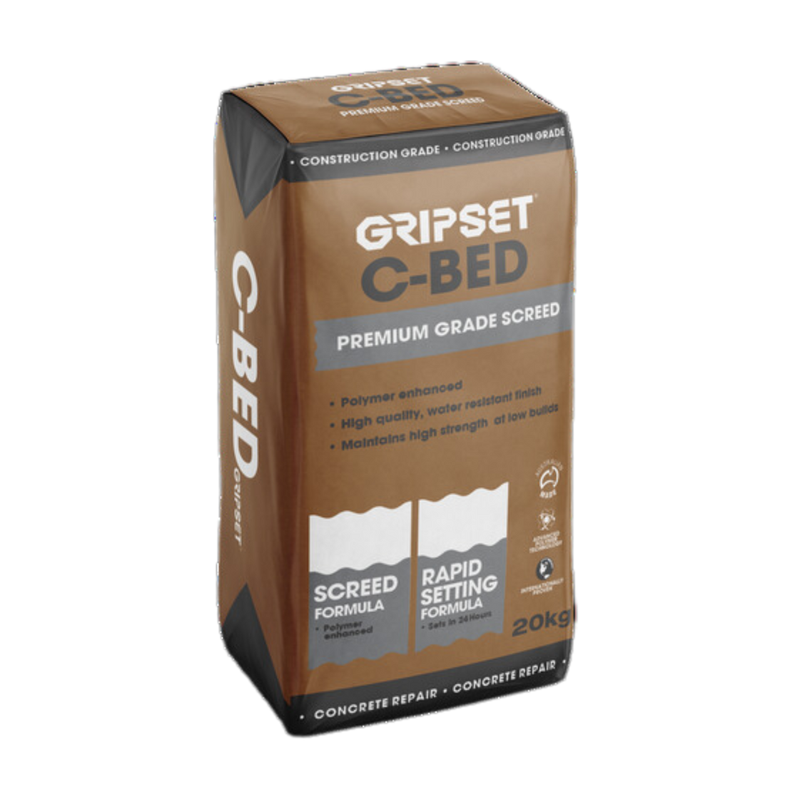 Gripset C-Bed 20kg bag, polymer-modified screed for bonded/unbonded tiling over waterproofing membranes, trafficable in 24...