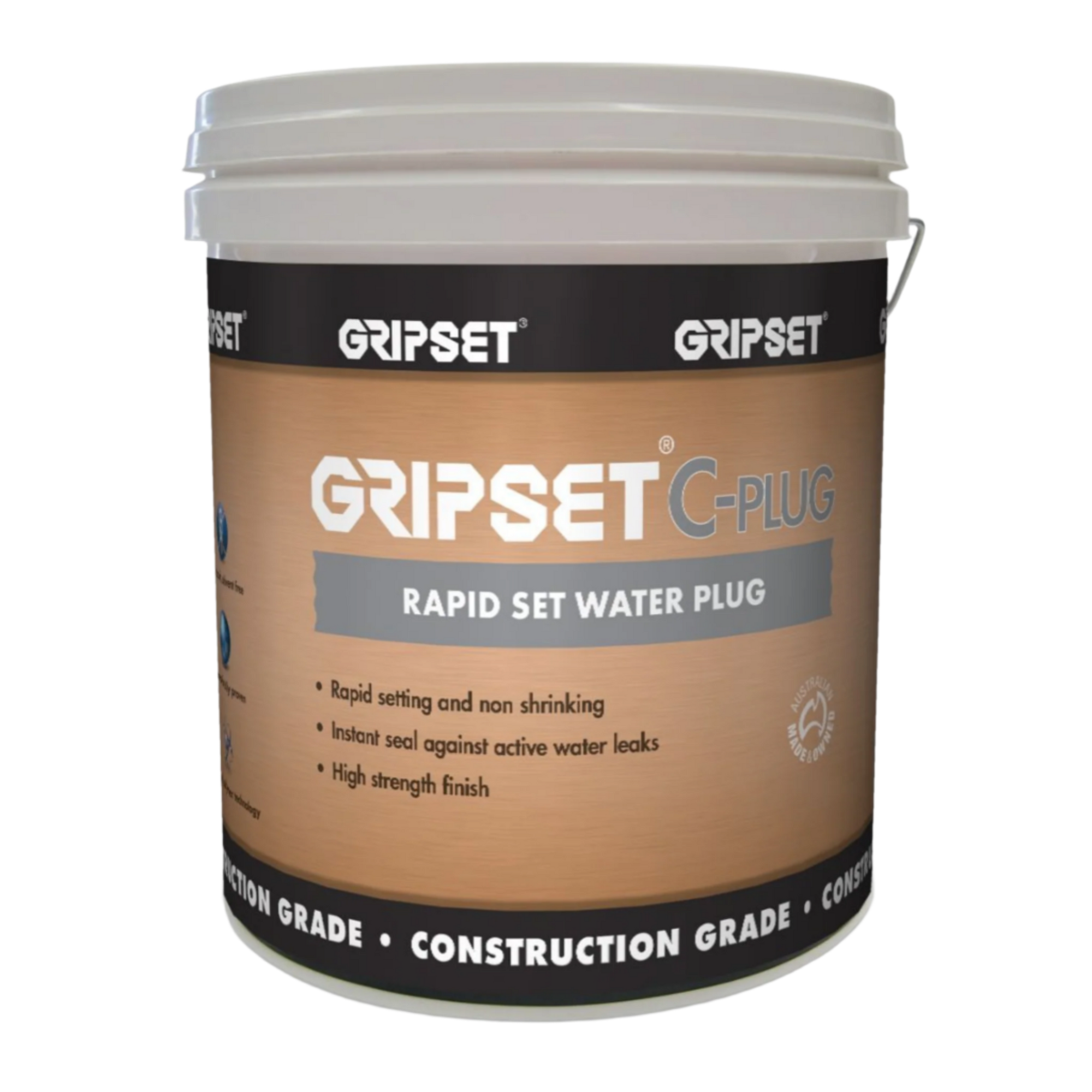 Gripset C-Plug pail: rapid-set non-shrink cement plugs active water leaks in concrete instantly, 35 MPa strength.