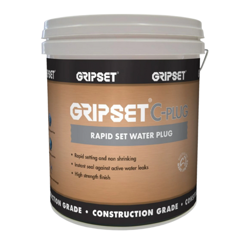 Gripset C-Plug pail: rapid-set non-shrink cement plugs active water leaks in concrete instantly, 35 MPa strength.