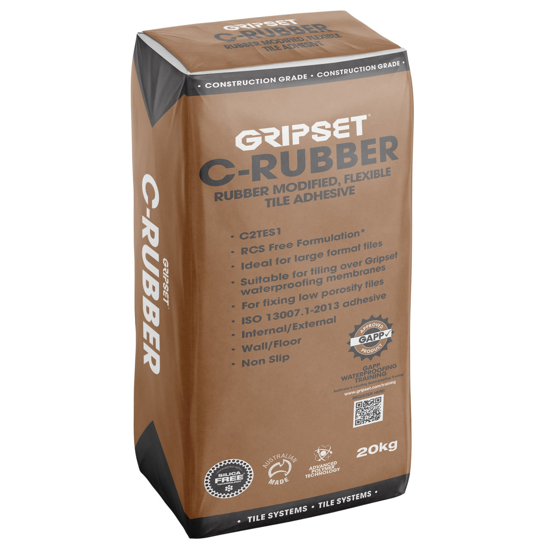 Gripset C-Rubber 20kg bag: rubber modified C2TES1 tile adhesive for secure bonding over waterproofing membranes, internal/...